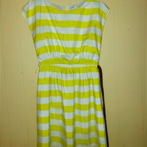 Alythea, Medium, White and neon yellow striped dress with a belt.